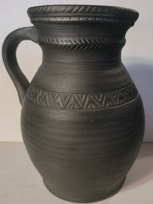 Hungarian Black Ware Ceramic Clay Pottery Pitcher Jug 5'' X 4'' Signed Blackware