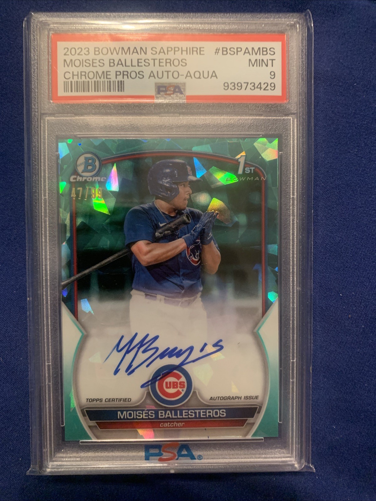 2023 Bowman Sapphire Moises Ballesteros 1st Chrome Aqua Auto /99 PSA 9