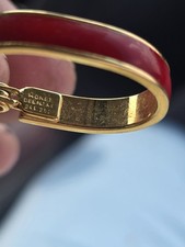 Monet Red Enamel Gold Tone Round Metal Hoop Earrings Hinged Snap Closure