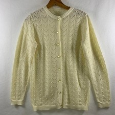 VTG Womens Pointelle Knit Button Cardigan Sweater Ivory Dainty Cottage Parisian