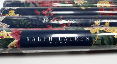 Vintage Ralph Lauren Home Floral Striped Wallpaper 7 Double Rolls Navy Cottage