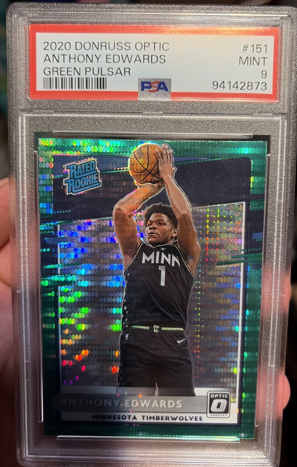2020 Donruss Optic Anthony Edwards Green Pulsar Rated Rookie SP #151 PSA 9