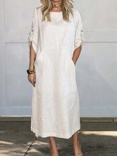 Casual Women Rolled Sleeve Linen Cotton Long Loose Pocket Kaftan Dress Plus Size