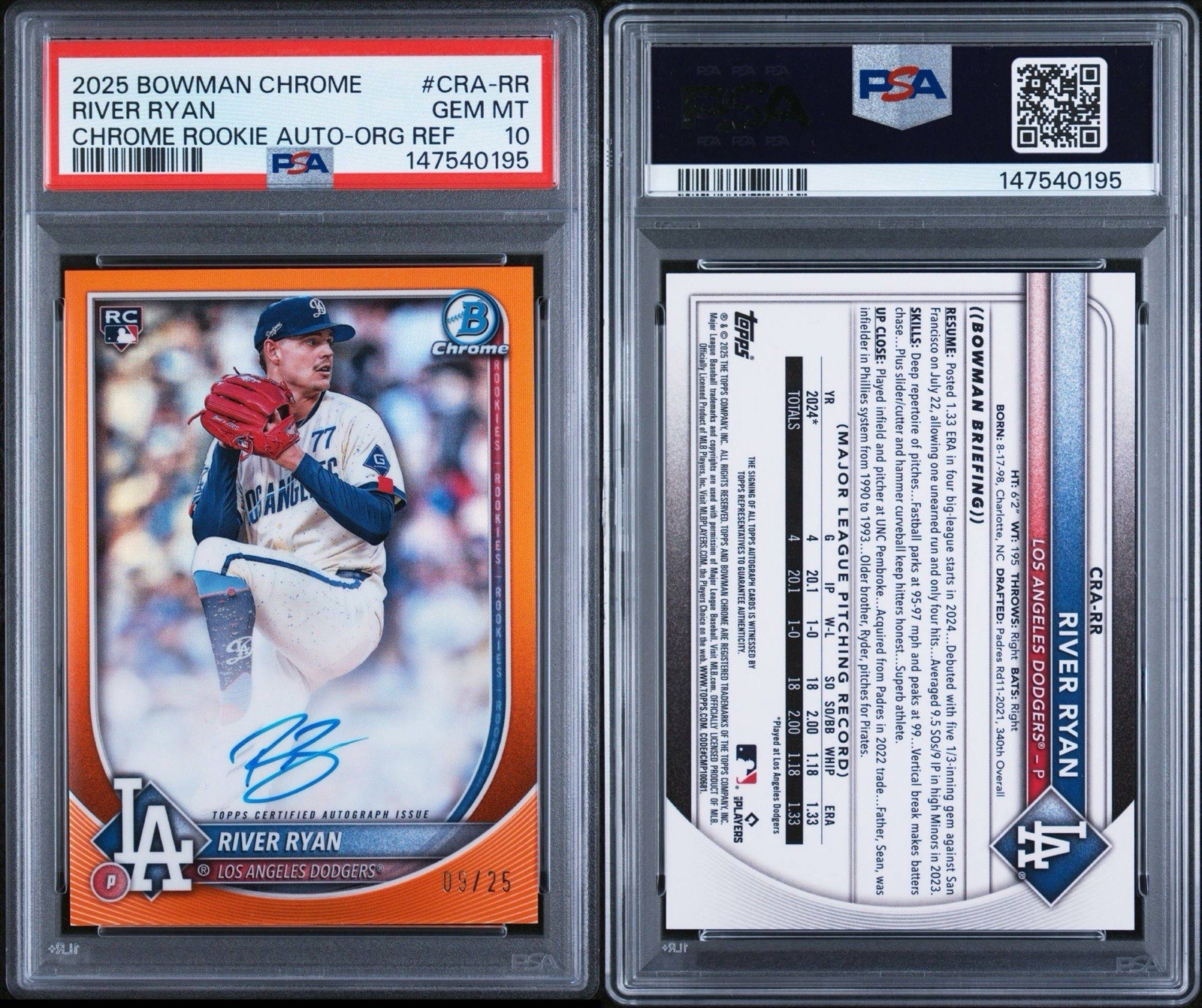 2025 Bowman Chrome Rookie Auto River Ryan #CRA-RR Orange Refractor /25 PSA 10 view 3