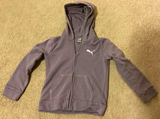 PUMA Unisex Kids Gray Full Zip Hooded Fleece Hoodie, Logo, Pockets, S