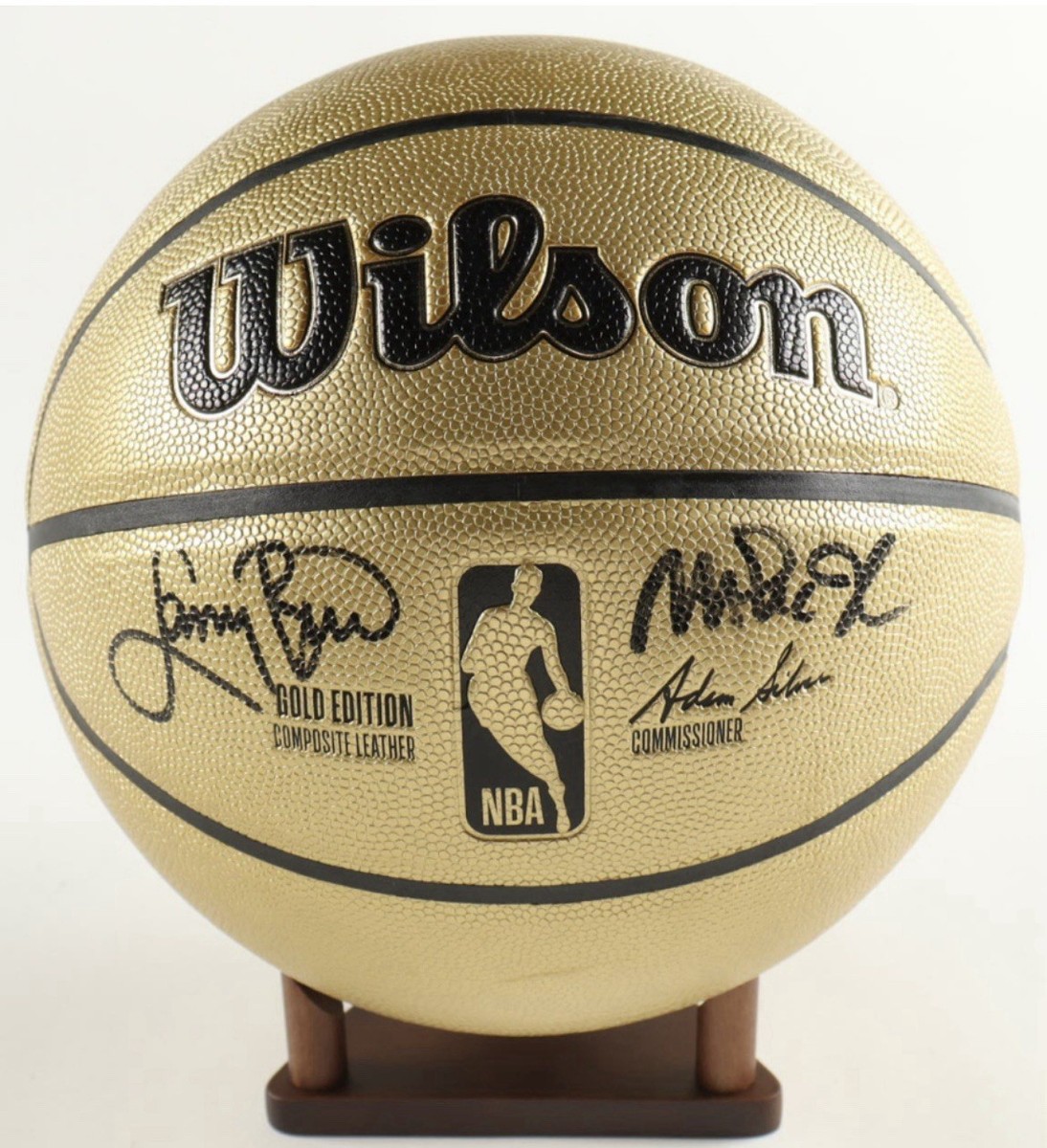 Larry Bird & Magic Johnson Signed NBA Basketball & Display Stand