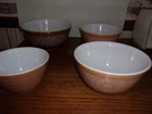 4 Pyrex vintage mixing bowls brown plain & floral # 401-403 Woodland Pattern