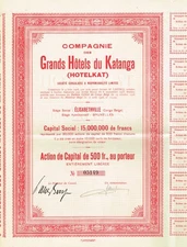 AFRICA CONGO GRAND HOTELS OF KATANGA stock certificate/bond