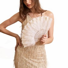Happy Feather Embroidered Flower Marabou Fan, 1920s Vintage White1