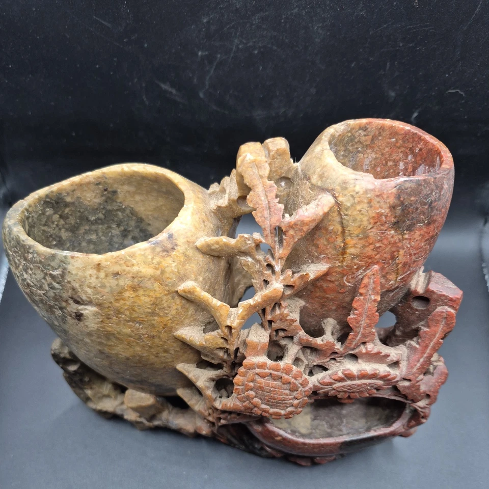 Antigua olla china de triple cepillo tallado en piedra 9 pulgadas de alto 2,13 kg Foto 4 de 4