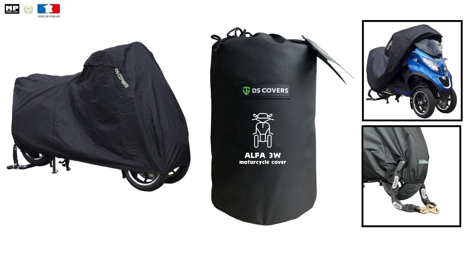 Housse DS Covers ALFA 3W noire imperméable pour Gilera Fuoco avec grand top case