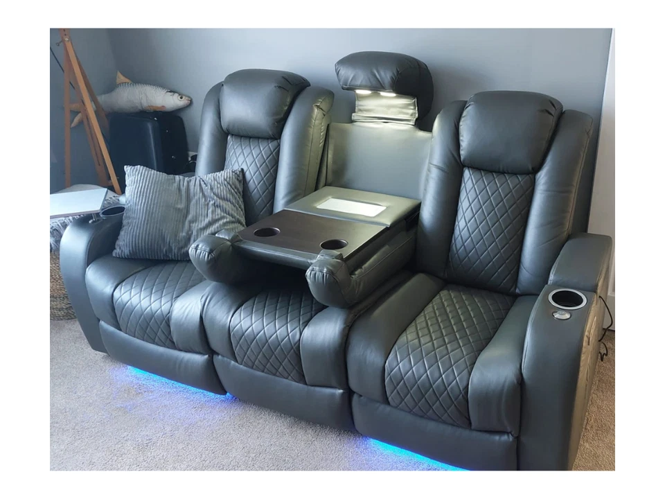 FURNITURE ONLINE DIRECT Tech 8-Smart Cinema Grey Electric Recliner 3 Seater LED | USB | Massager
