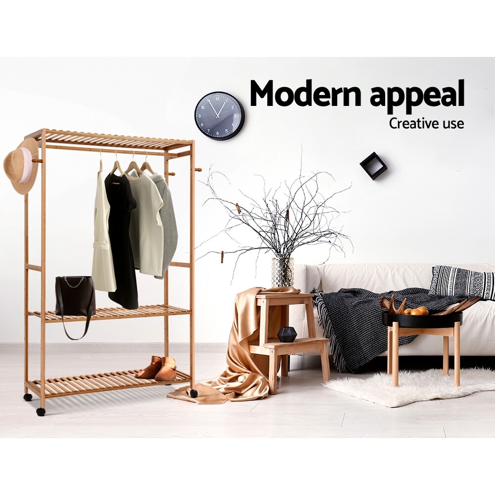 Artiss Clothes Rack Coat Stand Bamboo 165x112cm Garment Hanger Rail