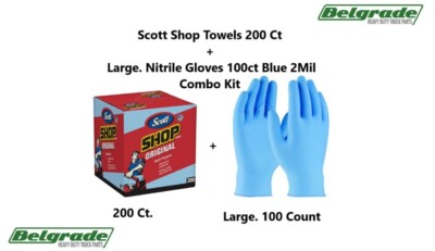 Scott Shop Towels 200 Ct + Large. Nitrile Gloves 100ct Blue 2Mil Combo Kit