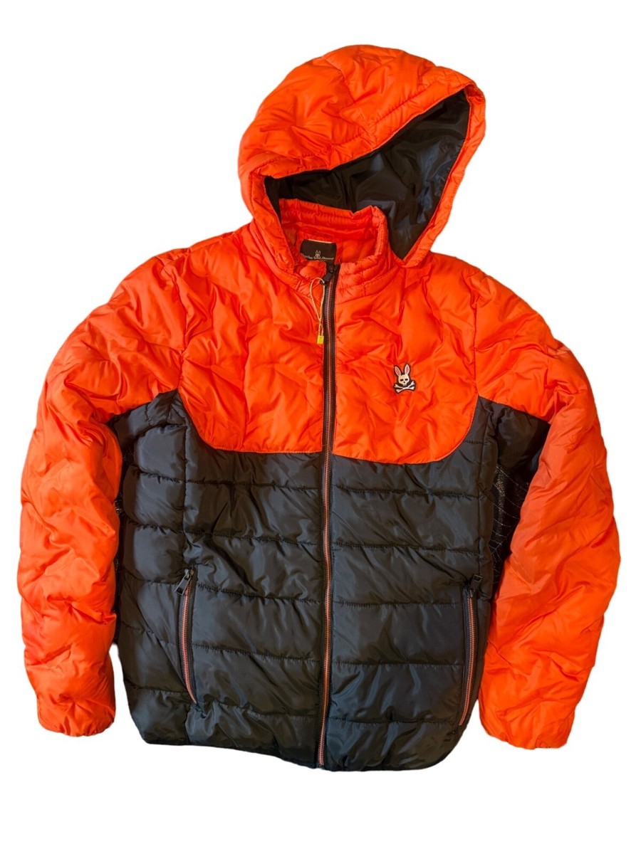 Psycho Bunny Puffer Jacket Orange Black Hooded 100% Cotton Men's