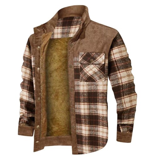 New Men's Oversized Winter Thickened Cord Plaid Patchwork Jacket Plush Coat Tops - Picture 13 of 15