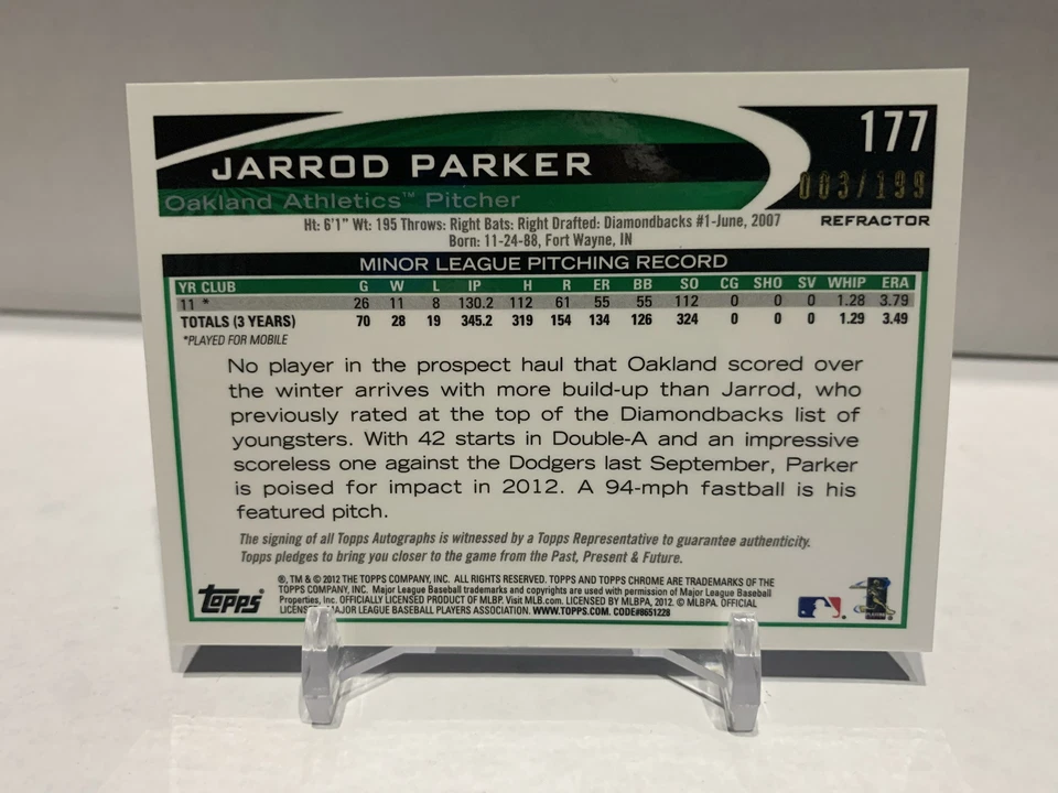 2012 Topps Chrome синяя переливающаяся с автографом /199 Джаррод Паркер No177 Athletics - Изображение 2 из 2