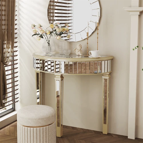 Curved Console Table Mirrored Vanity Table Makeup Desk Half-round Accent Table