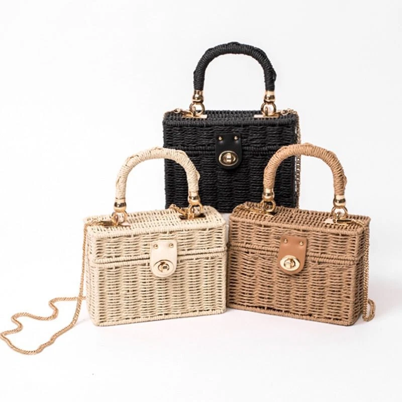 Black Straw Shoulder Bag Hand woven 19 14 7CM Bag Beach Square Box Straw Handbag eBay