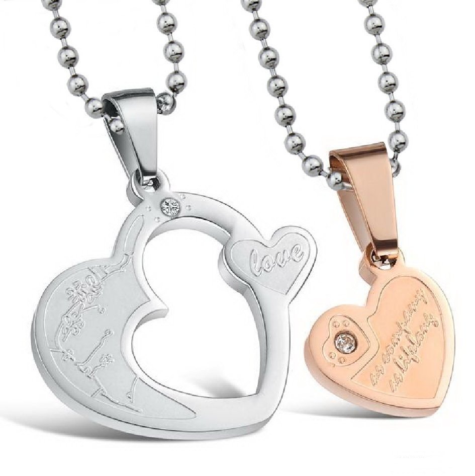 Partner Necklace Heart Love Puzzle Stainless Steel 2 Pendant Golden 2 Chains