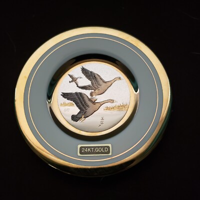 Chokin Art Limited Edition Miniature Plate Japan 24K Gold Geese #3104