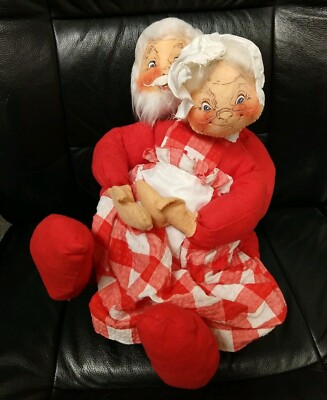 Vintage Annalee Santa & Mrs. Claus Sitzender Auf Weihnachtsmann Knietablett!