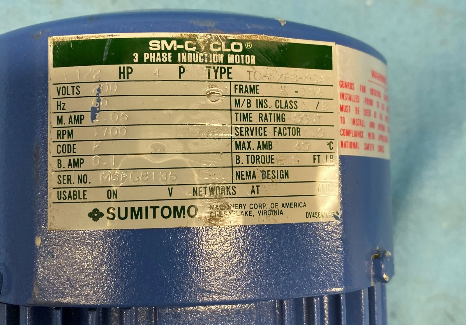 CYCLO CNVM05-5085-GEAR MOTOR B-17,1/2 HP RATIO 17:1, RPM 1700, 200V