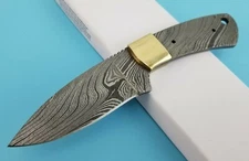 Knife Making Damascus Fixed Drop Point Blade Blank Full Tang Brass Guard 7.5" OA
