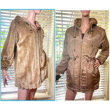 Komitor Reversible Fur Silk Jacket Sz Medium Beige Mink Hooded Faux Fur New