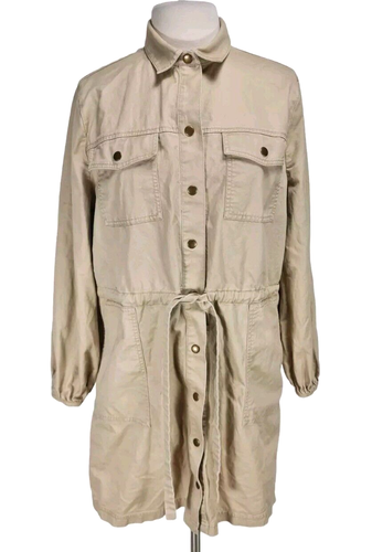 LOFT Women Button Up Cargo Mini Shirt Dress Size XL Khaki Long Sleeve Denim 71P