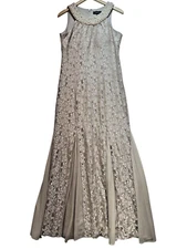 R&M Richards Beaded Lace Evening Gown Size 14 Beige Floral Sleeveless Formal