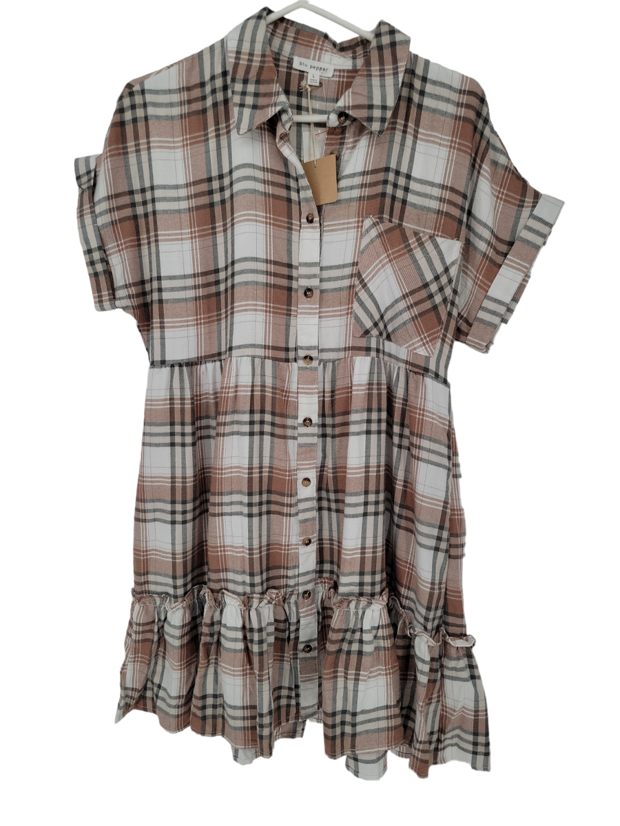 Blu Pepper Size Large Shirt Dress Plaid Short Sleeve Button Up Ruffle NWT |  eBay