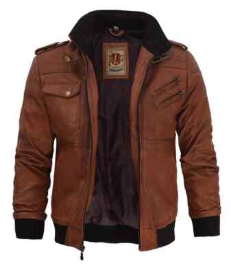 Men`s Brown Casual Stand Collar Biker Bomber Leather Jacket Removable Hoodie