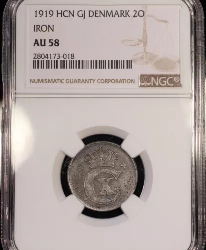 1919  DENMARK  2  ORE  IRON  COIN  -  NGC  AU 58 - SCARCE DATE