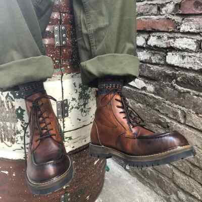 Handmade Men Burnished Brown Leather Motorcycle Ankle Lace Up Biker Boots