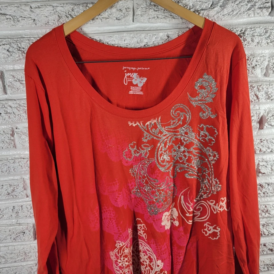Женский топ Just My Size 2X 18 Вт 20 Вт плюс футболка с длинным рукавом красный цветочный блеск - Изображение 3 из 4