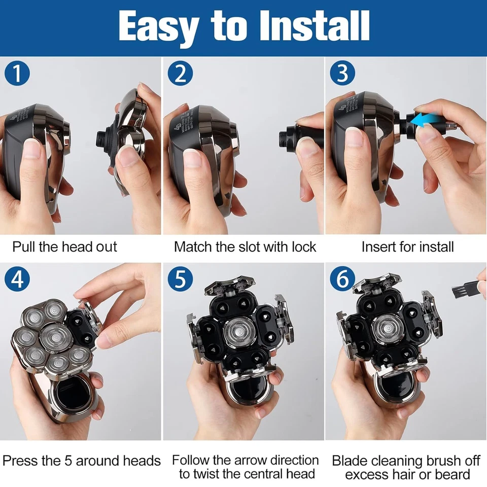 6-in-1 9D Electric Head Shaver Rechargeable Bald Men Razor Head Shavers Wet Dry - Image 3 of 4