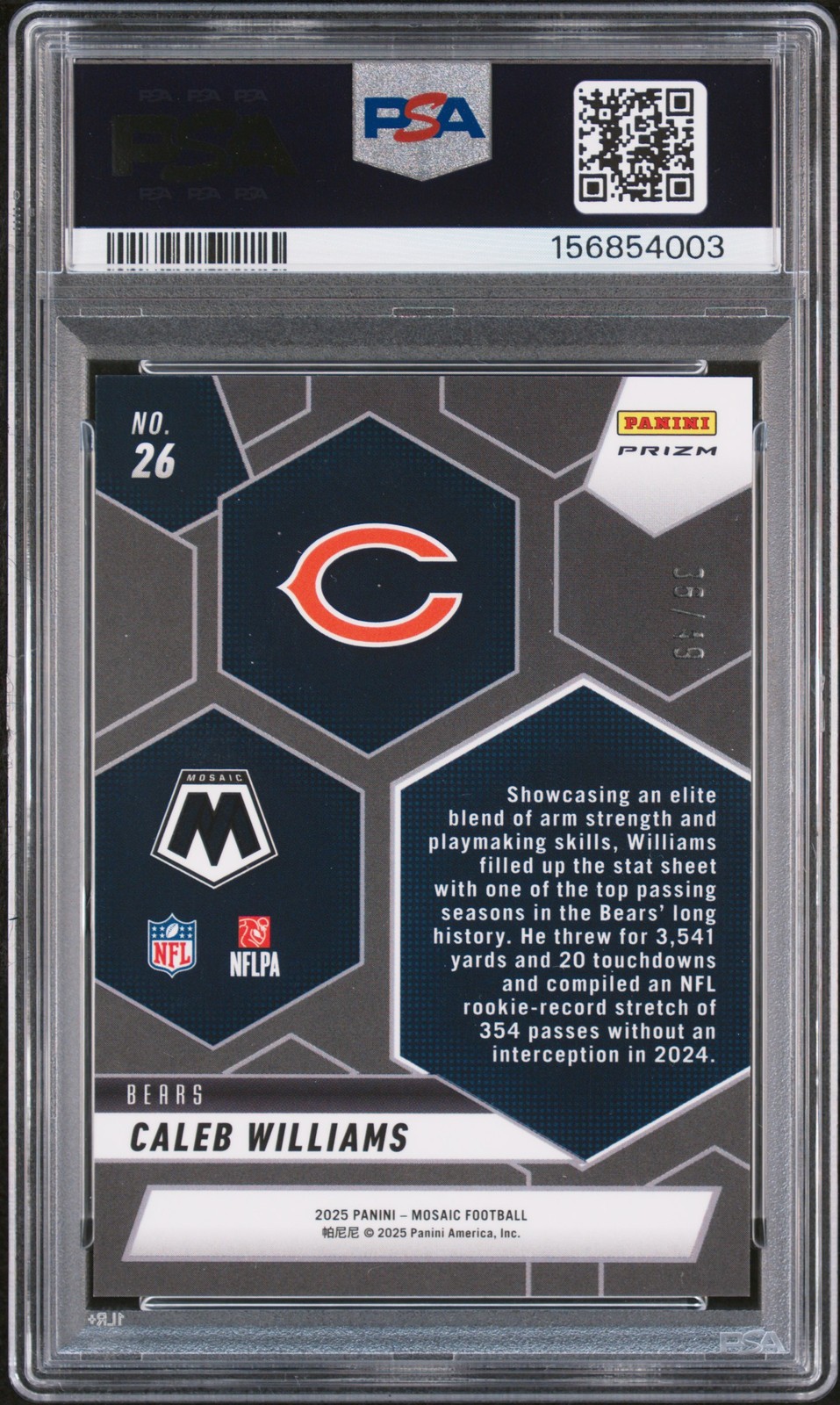 2025 PANINI MOSAIC MONTAGE PURPLE #26 CALEB WILLIAMS 36/49 PSA 9 view 2