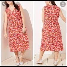 LOFT Red Floral V-Neck Midi Dress Short Cap Sleeve Tie Waist Size 14