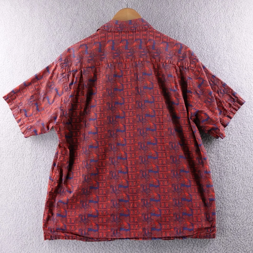 ORVIS Mens Large Red Blue Tribal Aztec Hawaiian Short Sleeve Button Up Shirt - Image 3 of 4