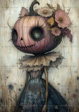 CREEPY PUMPKIN HEAD DOLL ART PRINT, Fantasy Girl Decor, Gothic Halloween Poster