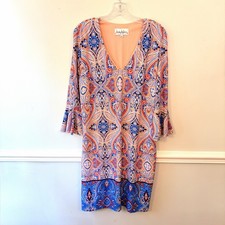 Nicole Miller NY Dress SZ 14 Blue Pink Paisley Flared Bell Sleeve Shift A Line