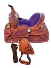 8" Purple Youth Pony Western Horse Barrel Racing Leather Saddle Floral Tooled .