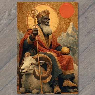 ART PRINT Fantasy King Crown Staff Orb Red Robe Ram Goat Mountains Sun Halo