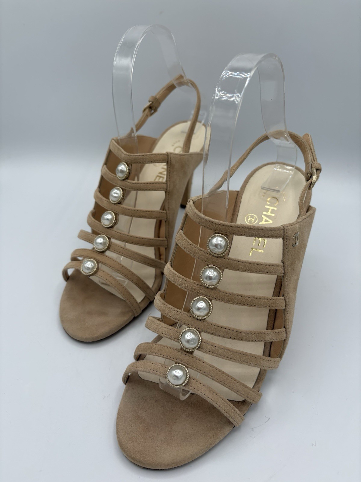 Chanel EU39 UK6 Heels Beige Suede Slingback Pearl Detail Strappy Open Toe 00s