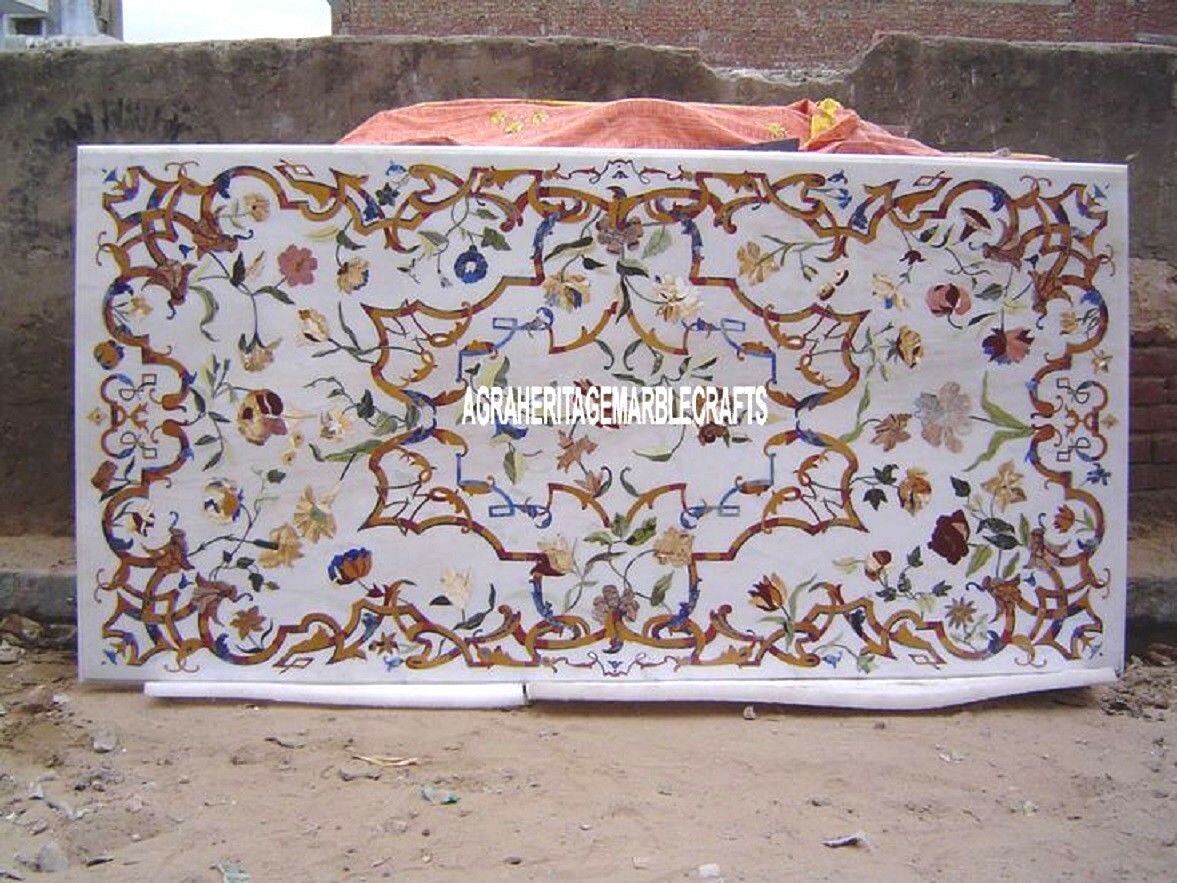 Image of White Marble Dining Top Table Marquetry Inlay Antique Art Furniture Decor H4029
