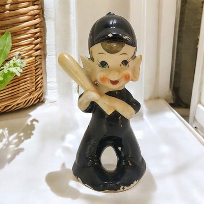 VTG Porcelain PIXIE ELF Baseball Player Bat Figurine Black Japan Kitschy 4''