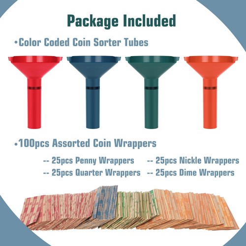 Coin Wrappers Assorted 100 Pcs & 4 Coin Sorters Tubes Coin Rolls - Picture 3 of 6