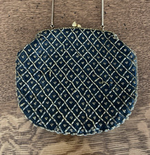 Vintage Beaded Purse Bag Clutch Black and Gold handmade in British Hong Kong