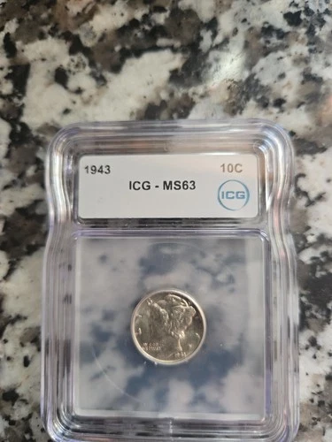 1943 Mercury Dime 90% Silver In Slab. Graded ICG-MS63.